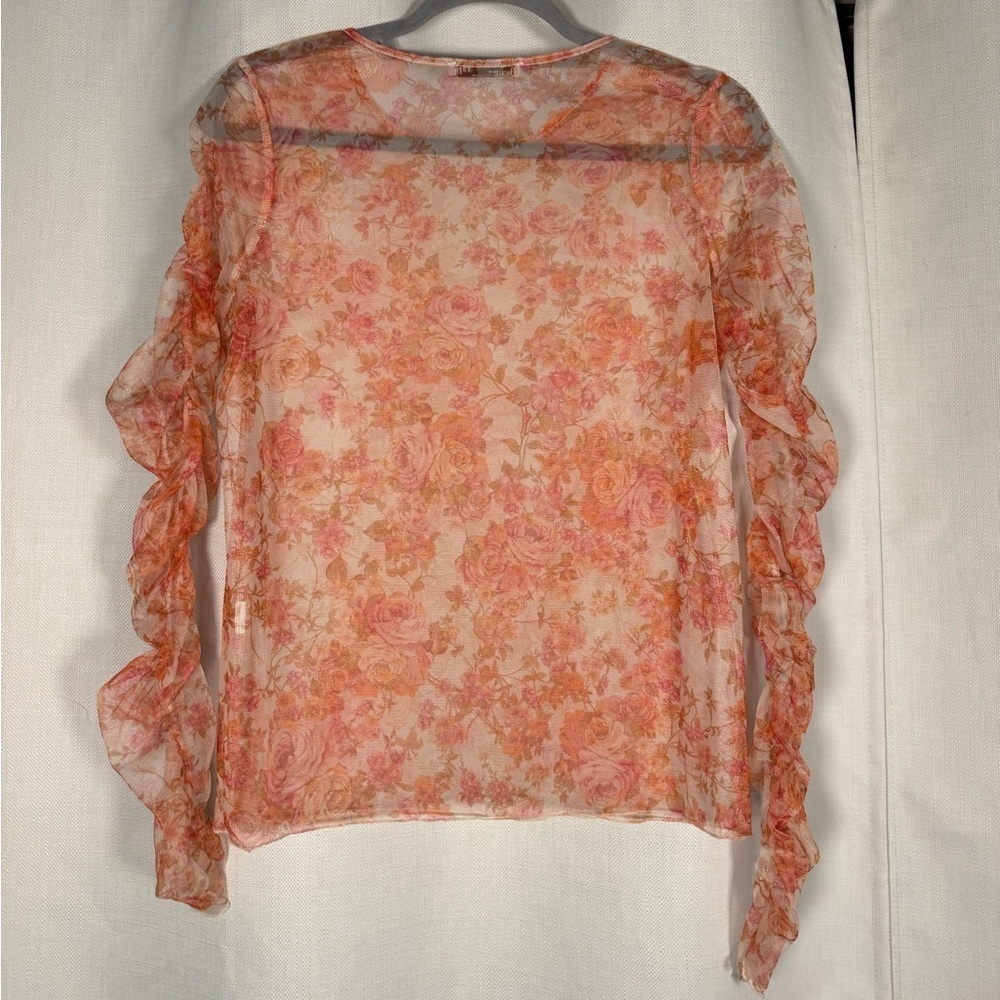 Zara Sheer Mesh Red Orange Pink Floral Long Sleeve Top Medium - Picture 6 of 9